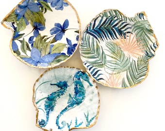 Concha de vieira / Concha decoupaged / Decoración de playa / Plato de joyería