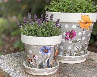 Floral Decoupage Planter Set, Hand Painted Terra Cotta Flower Pots with Saucer, Cottage Decor