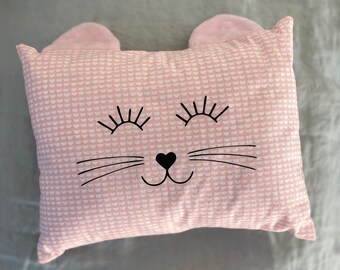 Night light cushion, cat head, personalized birth gift name, pink and white, removable light cushion