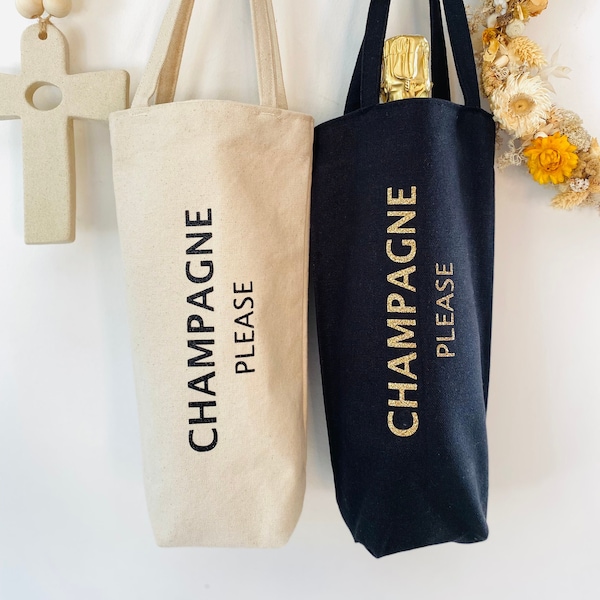 Sac porte bouteille en tissu épais, Noir et doré paillettes ou Écru et noir paillettes "Champagne Please". Sac à bouteille en tissu. Cadeau