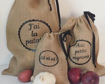 Sacs en toile de jute pour les patates, oignons, ail, et échalotes. Rangement cuisine. Conservation des aliments. Décoration cuisine