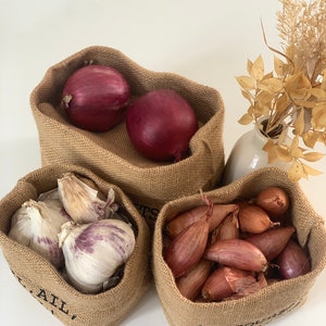 Panier, corbeille, bol en toile de jute pour ranger les oignons, échalotes et l'ail dans la cuisine. Bac de rangement pour les condiments image 5