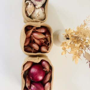 Panier, corbeille, bol en toile de jute pour ranger les oignons, échalotes et l'ail dans la cuisine. Bac de rangement pour les condiments image 9