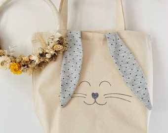 Sac ou panier pour aller à la chasse aux oeufs de Pâques personnalisé avec le prénom. Oreilles de lapin au choix. Panier enfant Pâques