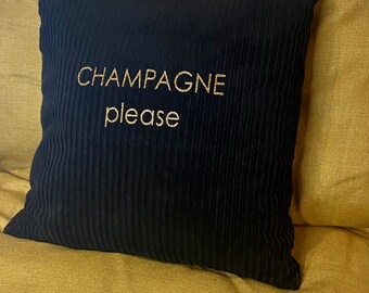 Coussin carré en velours noir "Champagne please" doré paillettes. Coussin de canapé ou de décoration. 42x42cm. Déhoussable.