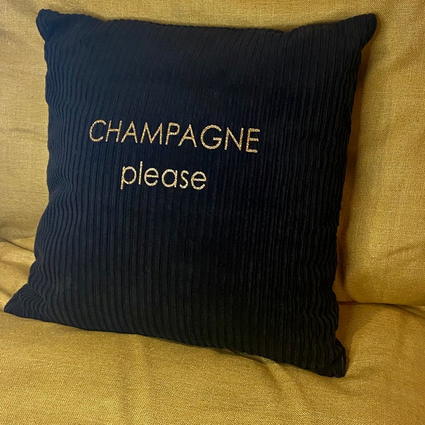 Coussin carré en velours noir "Champagne please" doré paillettes. Coussin de canapé ou de décoration. 42x42cm. Déhoussable.