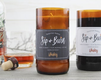 Whiskey Scented Soy Candle: Upcycled Wine Bottle, Hand-Poured