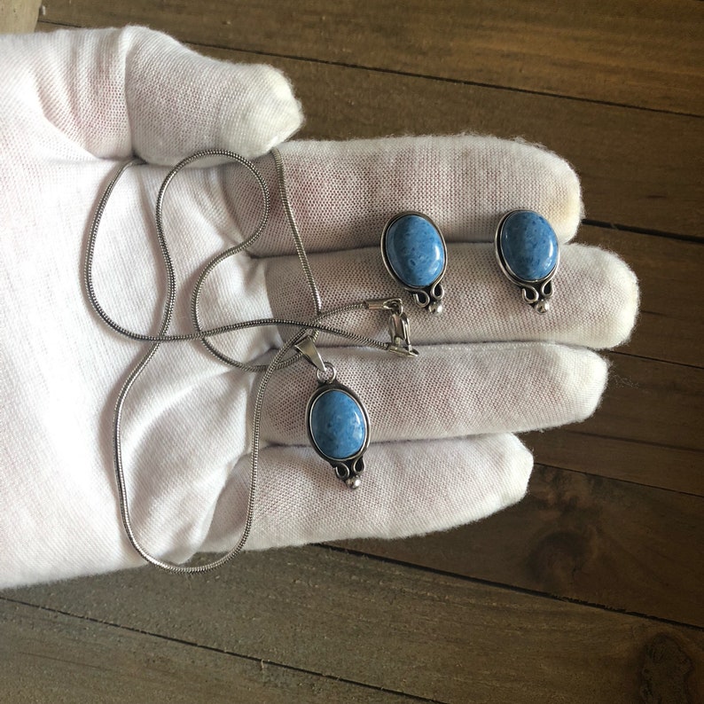 Mexico Denim Lapis Sterling Silver Earrings Pendant Necklace Set