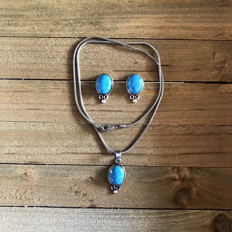 Mexico Denim Lapis Sterling Silver Earrings Pendant Necklace Set