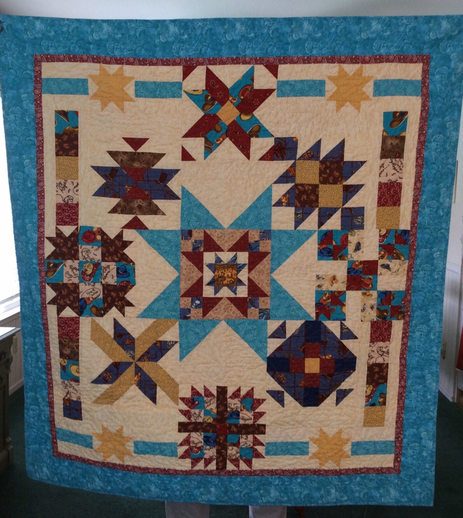 Western Throw Quilt in Turquoise Browntan Red. Fabric With Etsy