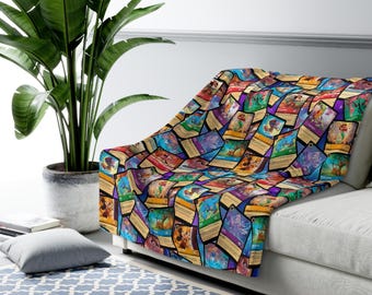 Manta de vellón Sherpa inspirada en las cartas de Lorcana, regalo dibujado a mano, parques de Disneyland Magic Kingdom, regalos de películas del mundo, juego de intercambio de vueltas