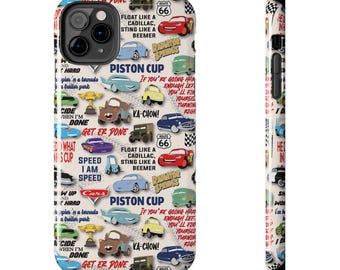 May include: A white phone case with a colorful pattern of cartoon cars, text, and numbers. The text includes "Piston Cup", "Get er Done", "Ka-Chow!" and "Speed I Am Speed".