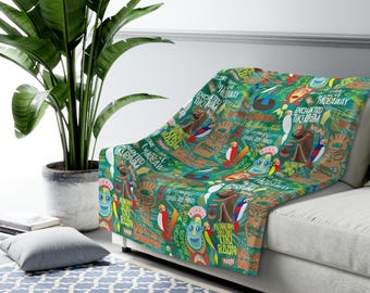 Tiki Room Inspired Sherpa Fleece Blanket Throw Hand Drawn Art Gift Parks Disneyland Ride World Magic Kingdom Jose Birds Aloha Dole