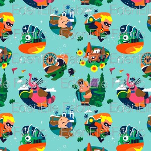May include: Fabric with a repeating pattern of cartoon characters on a light blue background. The characters include a baby with a lollipop, a superhero, a green monster, and a brown car. Other characters include a turtle, a bird, and a pink monster.