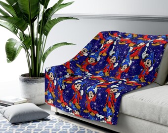 Sorcerer Mickey Mouse Inspired Sherpa Fleece Blanket Throw Hand Drawn Art Gift Parks Disneyland Rides World Magic Kingdom Fantasia