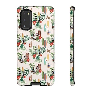 May include: A phone case featuring a tropical pattern with cartoon characters, surfboards, and tropical flowers. The design includes Mickey Mouse, Minnie Mouse, Donald Duck, and Pluto, with palm trees and tiki statues on a cream background.