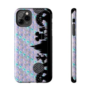 May include: A black iPhone case with a colorful geometric pattern and a silhouette of the Disney World skyline. The silhouette includes Mickey Mouse, Cinderella's Castle, and the Spaceship Earth.