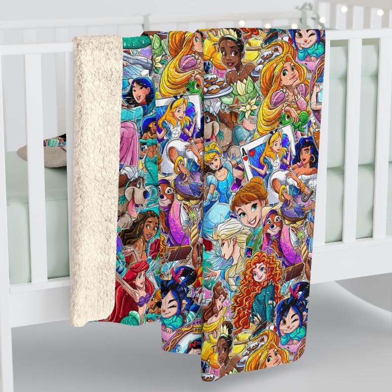 Princesses Inspired Sherpa Fleece Blanket Throw Hand Drawn Art Gift Parks Disneyland Rides World Magic Kingdom Elsa Ariel Belle Mulan image 3