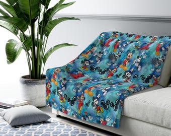 Mickey Mouse Inspired Sherpa Fleece Blanket Throw Hand Drawn Art Gift Disneyland Magic Kingdom World Parks Steamboat Sorcerer