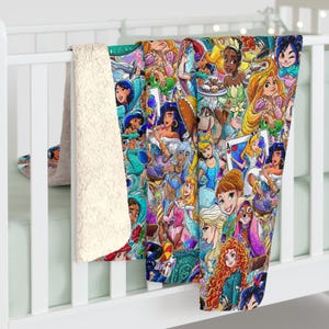 Princesses Inspired Sherpa Fleece Blanket Throw Hand Drawn Art Gift Parks Disneyland Rides World Magic Kingdom Elsa Ariel Belle Mulan image 4