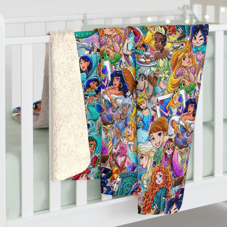 Princesses Inspired Sherpa Fleece Blanket Throw Hand Drawn Art Gift Parks Disneyland Rides World Magic Kingdom Elsa Ariel Belle Mulan image 4