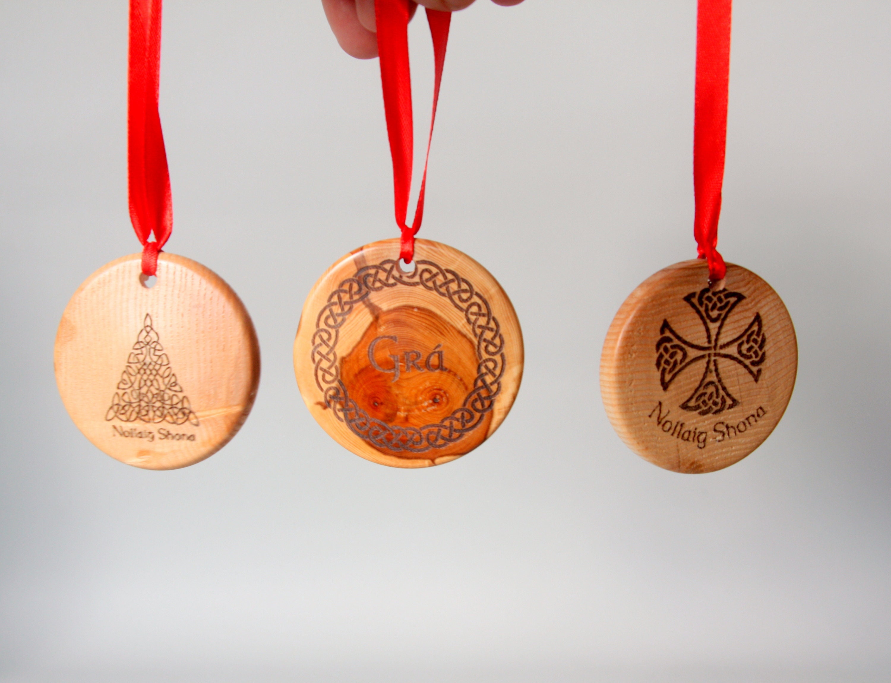 Celtic Christmas Decorations:- Nollaig Shona (merry Christmas) and Grá  (love). Woodturned in Ireland. Engraved With Celtic Designs - Etsy, image size:3000x2301