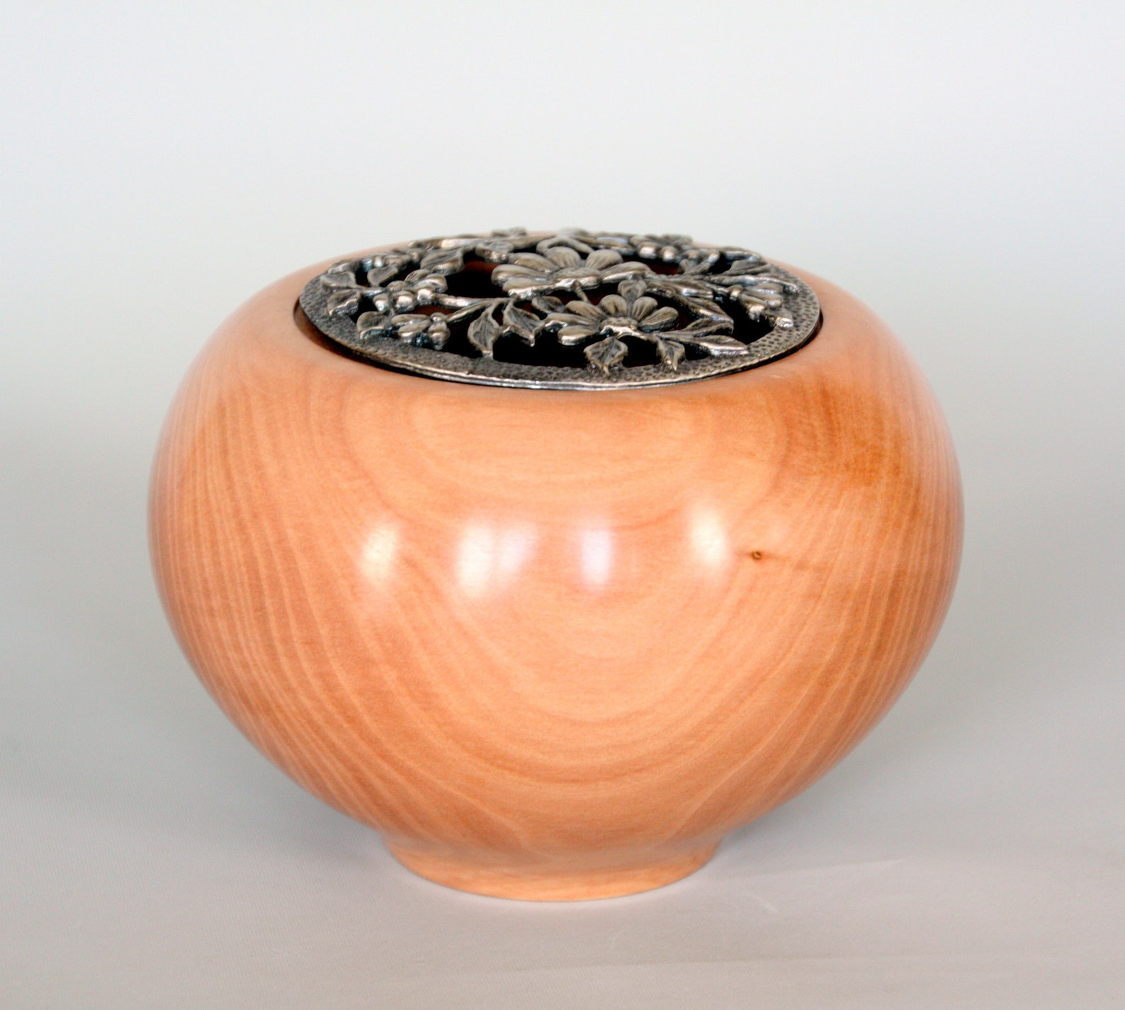 Potpourri bowl in Cherry handturned with pewter Floral lid. Etsy