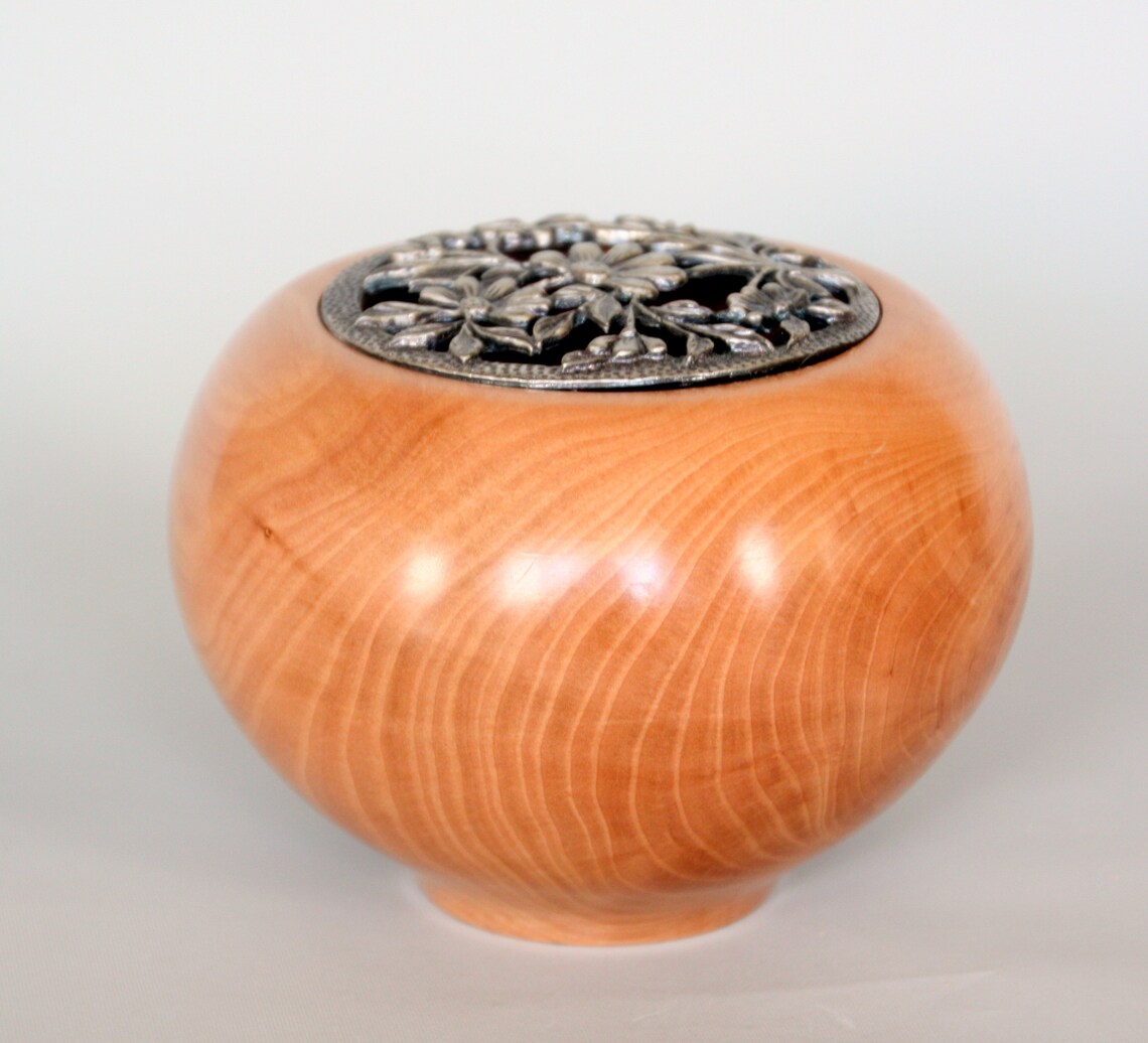 Potpourri bowl in Cherry handturned with pewter Floral lid. Etsy