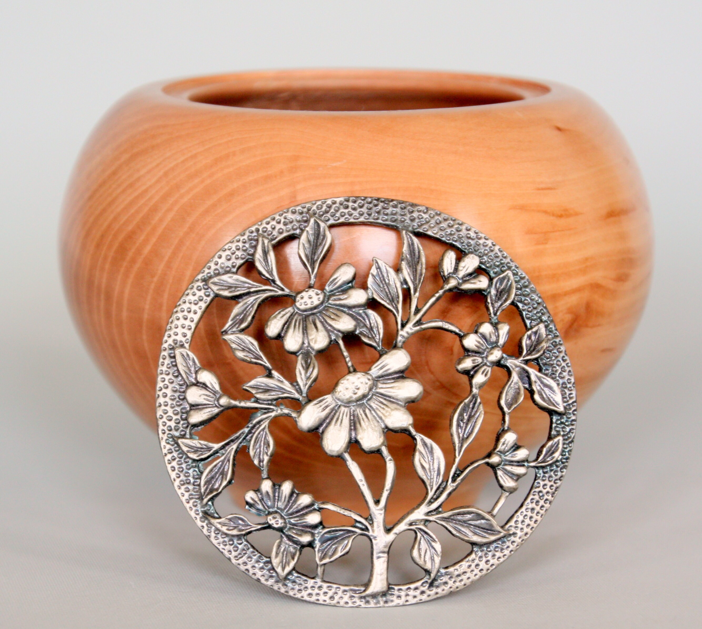 Potpourri bowl in Cherry handturned with pewter Floral lid. Etsy