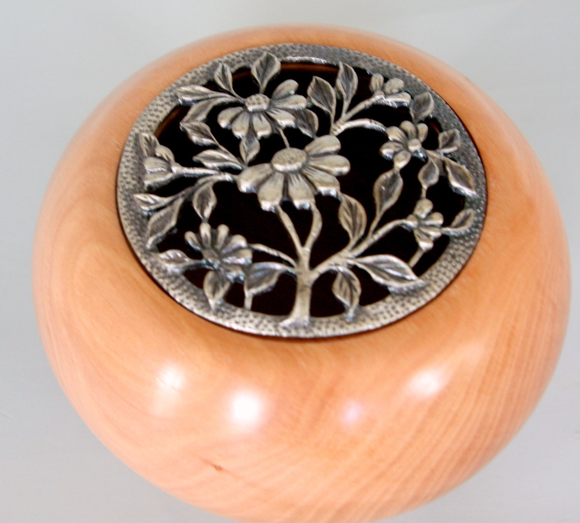 Potpourri bowl in Cherry handturned with pewter Floral lid. Etsy