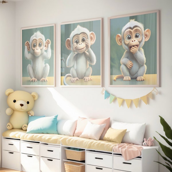 Set of 3 THREE WISE MONKEYS (Listen, See, Speak) Nursery Room Decor, Ready to Print, Baby Gift, Kids Room Poster, 3D Digital Artwork