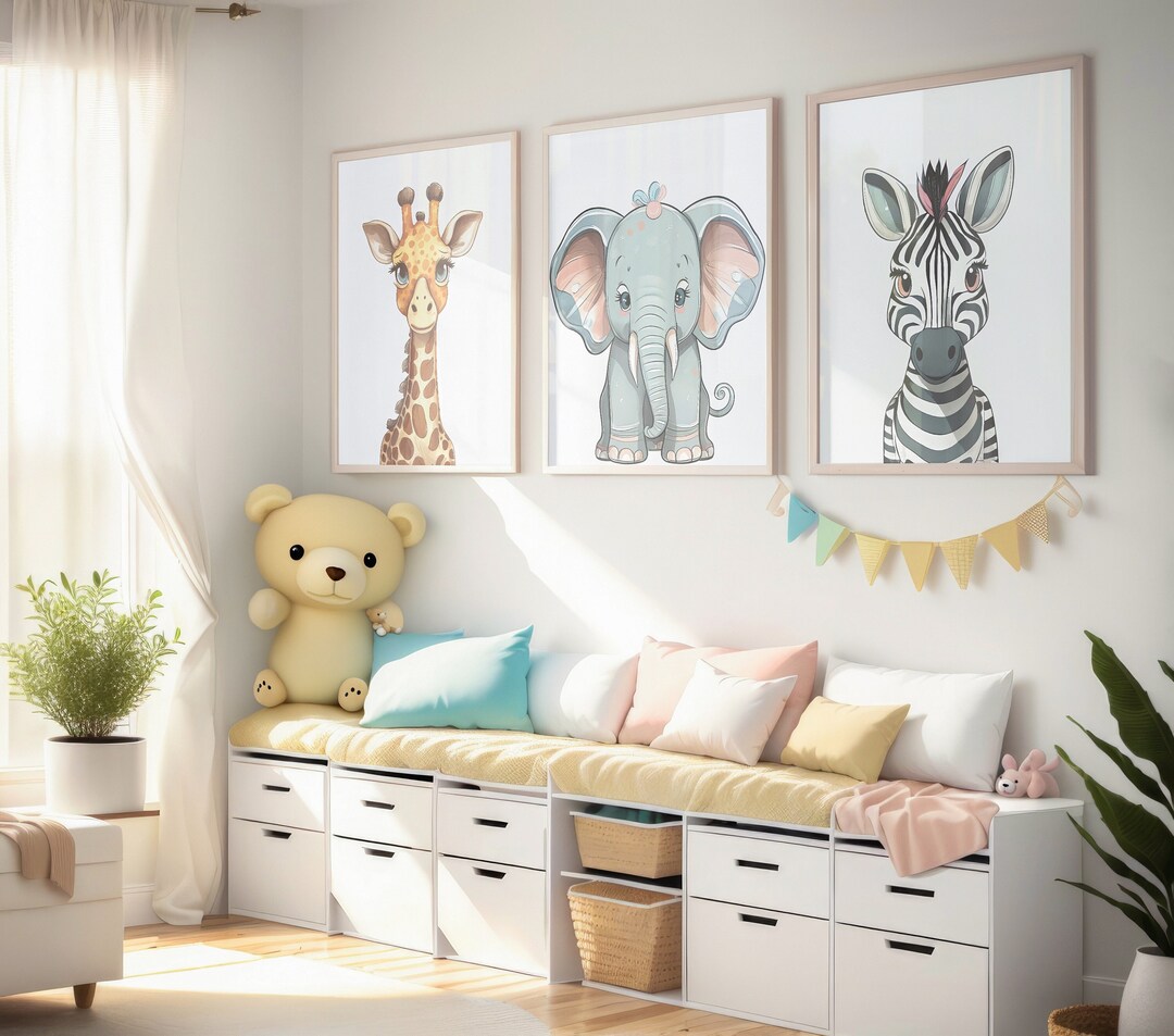 Set of 3 BABY SAFARI ANIMALS (giraffe, Elephant, Zebra) Nursery Room ...