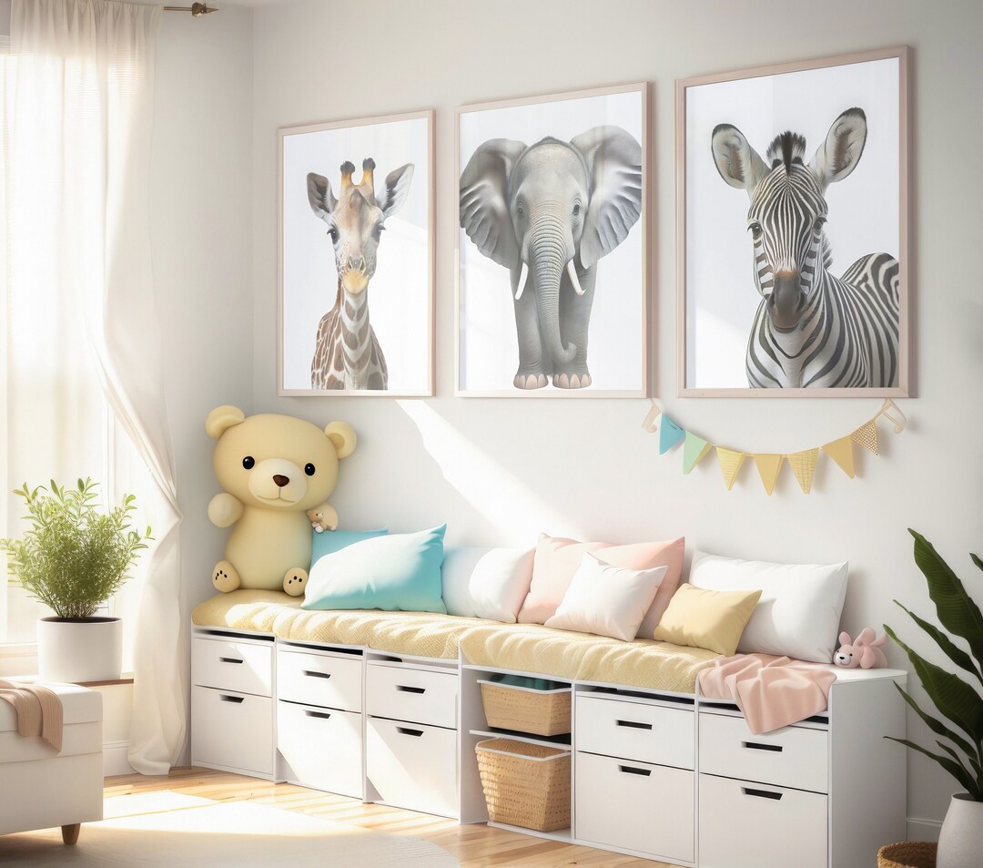 Set of 3 REAL SAFARI ANIMALS (giraffe, Elephant, Zebra) Nursery Room ...