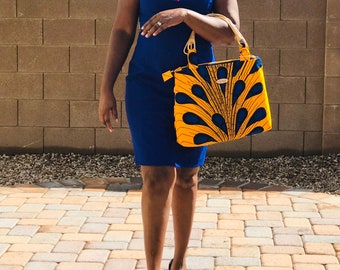 Ankara Handbag/African Handbag/Top Handle Bag/Handmade Bag/African Purse/Dashiki/Blue Handbag/Yellow Bag/Africa/Bamboo Handle/Ankara