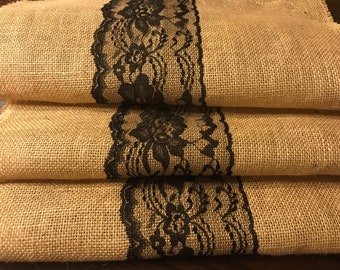 Burlap Runner with 4 Placemats with Black Lace Wedding Runner
