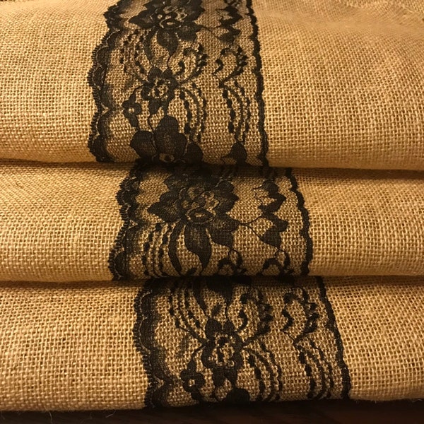 Burlap Runner with 4 Placemats with Black Lace Wedding Runner