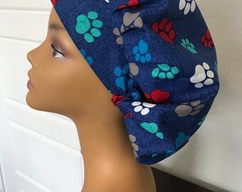 Paw Prints Fabric, Surgical Scrub Cap, Bouffant Cap, Surgical Cap, Bouffant, Nurses Cap, Hair Bonnet for Women/Adjustable/Dog Paw