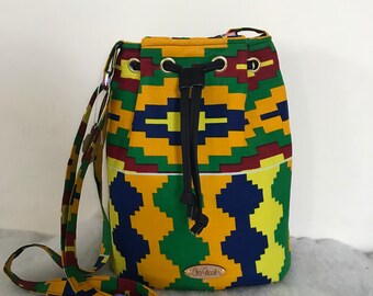 Kente Ankara Bucket Bag: African Print Purse with Adjustable Strap