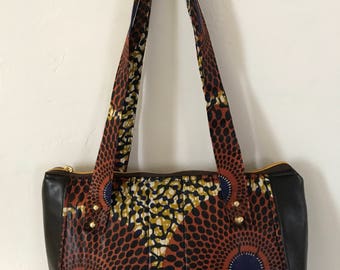 Ankara Handbag/African Fabric/Faux Leather Purse/Brown Ladies Purse/African Print/African fabric bag/Handmade/ Brown Bag/ Faux Leather Bag