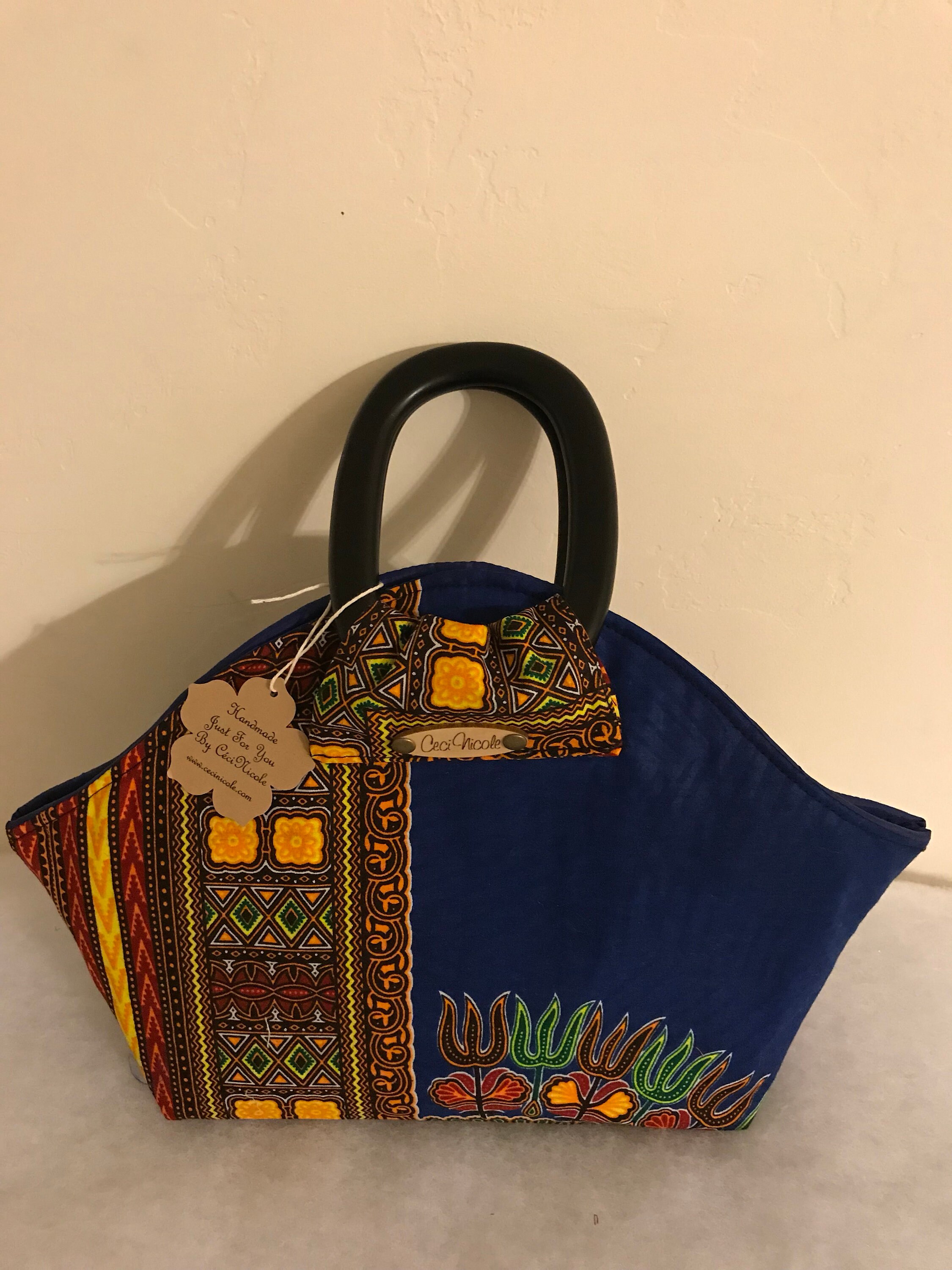 African Jute Handwoven Top Handle Handbag - Multicolored Dashiki Lined Bag main image 1
