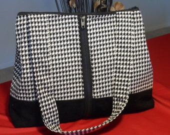Bolso de mano de pata de gallo con base de piel auténtica - Blanco y negro