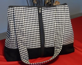 Ladies Handbag with Genuine Leather Bottom /Houndstooth Bag/Leather Bag/ Black Bag/Black and White Bag/ Black Leather/