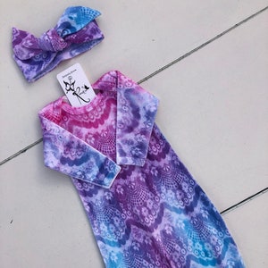Newborn Coming Home Outfit, Mermaid Baby Girl Clothes, Tie Dyed Infant Gown, Unique New Baby Gift, Knot Bow Headband, Baby Shower Gift