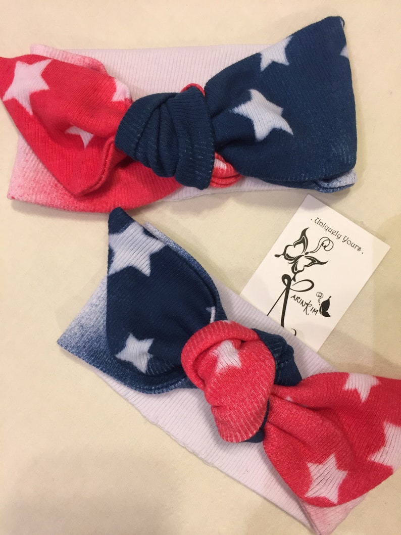 Newborn 4th of July Romper Tie Dyed Sleeper Knot-bow Headband Stars and Stripes Coming Home Outfit Boho Baby Beanie Infant Memorial Day