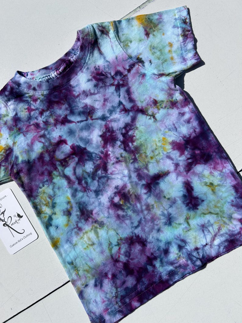 Tie Dyed Toddler Cotton T-Shirt, Ice Dyed Long Sleeved, Short Sleeved Little Boy or Girls Top: Hand-Dyed Kids Bright, Comfortable T-Shirts Purples / Teal