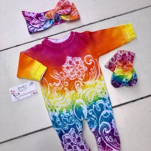 Newborn Baby Girl Gift, Rainbow Romper with Flowers, Tie Dye Clothes, Headband, Hippie Boho, Hand Dyed Coming Home Outfit, Baby Shower Gift