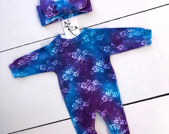 Tie Dyed Baby Girl Clothes, Baby Shower Gift, Handmade Newborn Romper and Headband, Hippie Boho, Hand Dyed Coming Home Outfit, New Baby Gift