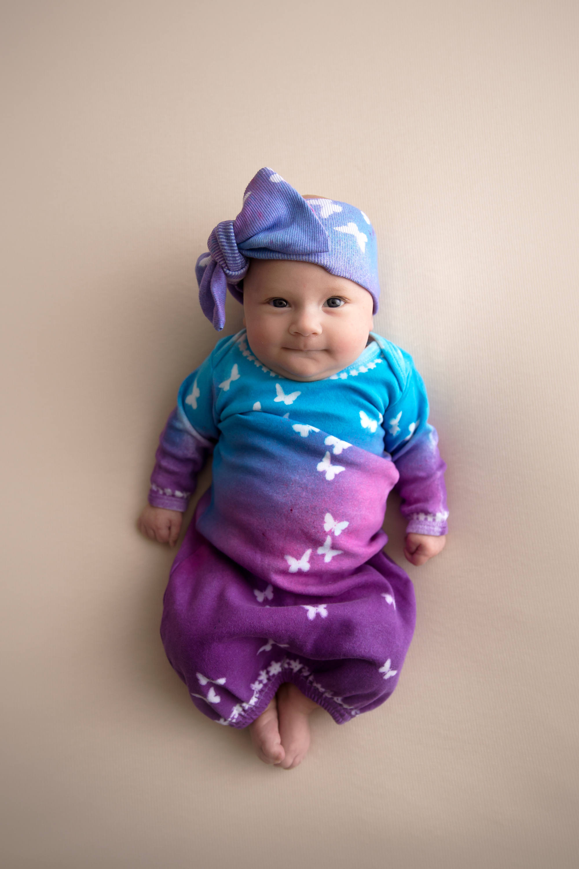 Tie Dye Butterfly Newborn Gown Set: Cotton Baby Sleeper, Headband & Socks