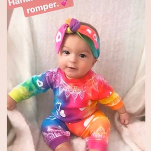 Baby Girl Rainbow Romper, Hearts, Cozy Tie Dyed Clothes, Headband, Hippie Boho, Hand Dyed Coming Home Outfit, Infant One Piece