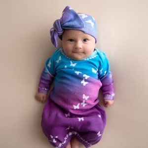 Newborn Girl Tie Dyed Coming Home Gown, New Baby Gift, Butterfly Sleeper, Beautiful Handmade Boho Hippie Baby Clothes, Infant Outfit
